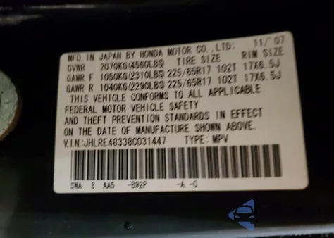 2008 Honda Cr-V Lx from USA, damaged, VIN JHLRE48338C031447